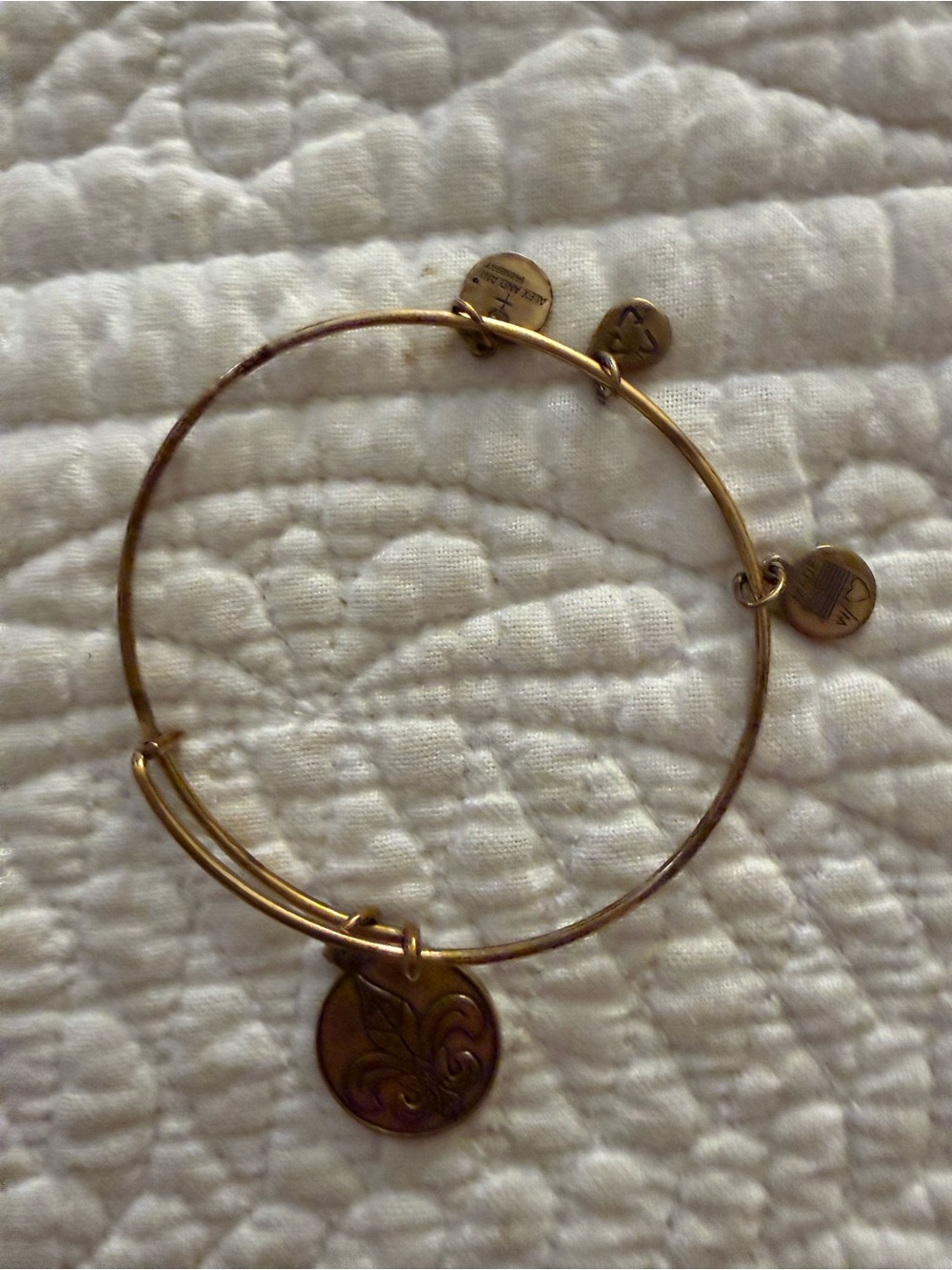 Alex and Ani Gold Charm Bangle Bracelet with Fleur Di Lis/Saints Charm